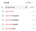 A mobile search screen shows autocomplete suggestions like 'jack cloud', 'jack cloud rap', 'jack cloud trading', 'jack cloud stocks', and 'jack cloud fwi'.