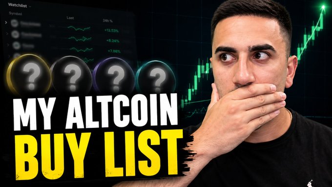 A man holds his hand over his mouth while looking thoughtfully at four question mark icons, with bold text reading "MY ALTCOIN BUY LIST" overlaid on a screen showing green upward charts and a watchlist. The image aligns with the post's message by visually emphasizing the mystery and strategy behind selecting altcoins before they pump, highlighting the five tickers ($POL, $ZEC, $PEPE, $UNI, $LIT) the creator is watching for entry.