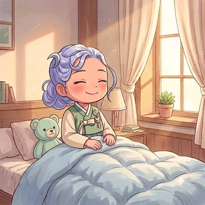 A cute anime-style illustration of a smiling character with lavender hair sitting in bed next to a green teddy bear in a sunlit bedroom.