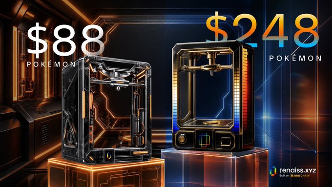 A promotional advertisement displays two 3D printers labeled as Pokémon-themed, priced at '$88 POKÉMON' and '$248 POKÉMON' from renaissance.xyz, set against a futuristic orange and blue background.