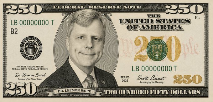 The image is a mock $250 Federal Reserve Note featuring a portrait of "Dr. Leemon Baird, President of the United States," styled like U.S. currency with serial number "LB 00000000 T." It ties into the post's message by humorously depicting Leemon Baird—co-founder of Hedera (HBAR)—on a fictional banknote, symbolizing the legitimacy and "enterprise-grade" credibility the HBAR community claims for their regulated, long-term vision of finance.