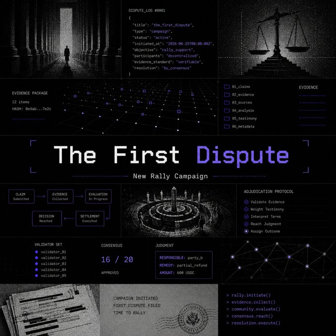A dark, glitch-styled infographic announcing "The First Dispute" campaign, featuring JSON log data (DISPUTE_LOG #0001, initiated 2025-06-25), validator statistics showing 16/20 consensus approval, a 600 USDC partial refund judgment for party_b, and terminal commands including "rally.initiate()" and "resolution.execute()". The technical visual layout directly promotes the new dispute resolution campaign on rally.fun, illustrating the platform's on-chain evidence package, validator set, and adjudication protocol workflow.