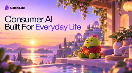 Promotional banner for Gotchi Labs featuring a cartoonish green character by a pool at sunset with the text 'Consumer AI Built For Everyday Life'.