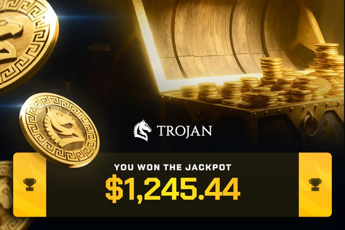 A promotional jackpot banner from Trojan displays "YOU WON THE JACKPOT $1,245.44" against a backdrop of stacked gold coins, an open treasure chest, and a large Trojan medallion. The image aligns with the user's celebratory post about winning a jackpot worth 14 SOL through the Trojan trading terminal, visually reinforcing the claimed $1,245.44 prize.