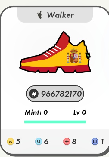 A digital trading card app interface showing a 'Walker' sneaker with a Spanish flag design, ID #966782170, at Mint: 0 and Lv 0.