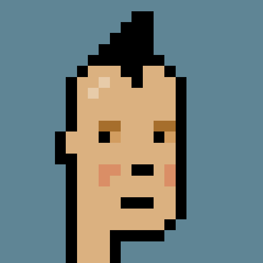 A pixel art portrait of a character with peach-toned skin, dark spiky hair, dark eyes, and pink cheeks against a blue background.