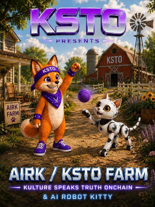 The image features two cartoon characters, one of which is a Coyfox wearing a bandana, and the other being an AI Robot Kitty with a purple bandana around its neck. They are standing next to each other near a barn or farm setting, with a sign in front of them that says "AIRK x KSTO FARM IS NOW LIVE ON ALCOR!". The text on the image suggests that this collaboration is related to farming and agriculture, possibly as part of an AI-powered farming system.