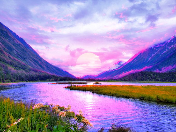 A vibrant pink and purple sunset landscape featuring a mountain valley, a glowing sun on the horizon, a reflective river, and wildflowers in the foreground.