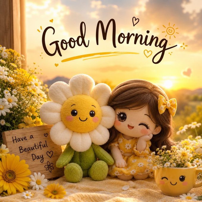 A cheerful "Good Morning" greeting card featuring a cute plush daisy character and a chibi-style girl in a yellow dress, with a wooden sign reading "Have a Beautiful Day" set against a sunny flower field.