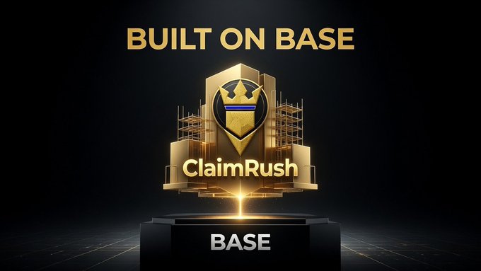 A promotional graphic with the text 'BUILT ON BASE' featuring a golden shield emblem labeled 'ClaimRush' displayed on a dark pedestal with 'BASE' written below.