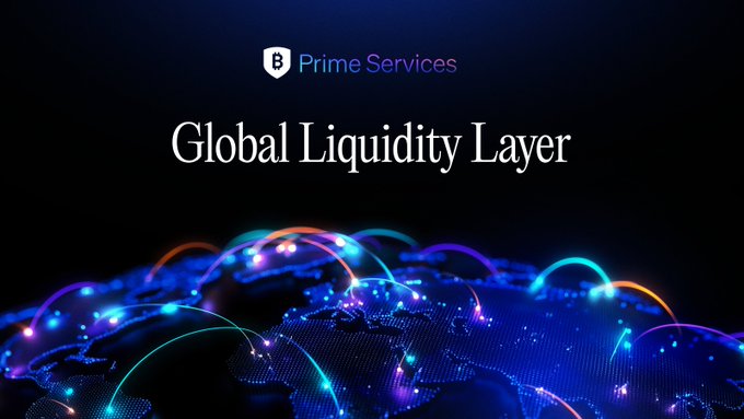 The image features the BitGo Prime Services logo above the title "Global Liquidity Layer," set against a stylized globe with glowing arcs of light connecting nodes across continents, symbolizing worldwide connections. The post explains that BitGo Prime's Global Liquidity Layer provides institutions with a single connection to global crypto markets by aggregating liquidity from exchanges, market makers, and OTC counterparties—an idea visually reinforced by the interconnected points of light illustrating seamless, borderless market access.