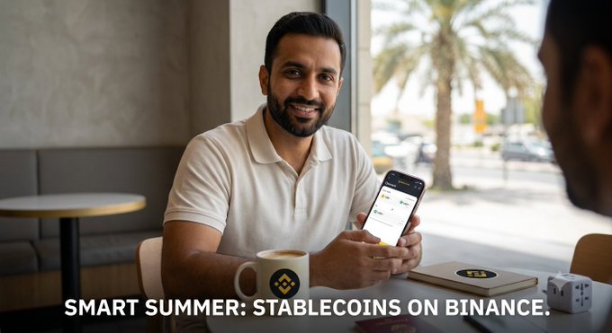 A man smiles while showing his phone displaying a crypto app to a friend across the table at a sunlit café, with a Binance-branded mug and the text "SMART SUMMER: STABLECOINS ON BINANCE." The image ties directly to the post's theme of using stablecoins like USDT on Binance as a smart solution for managing cross-border payments and avoiding costly exchange fees during summer activities.