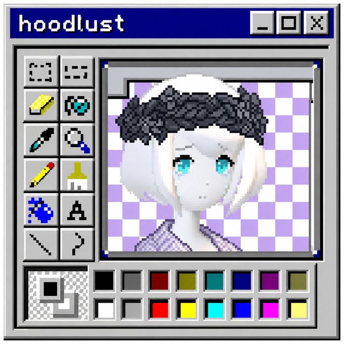 A pixel art drawing application window titled 'hoodlust' showing an anime-style character with white hair and blue eyes being edited.
