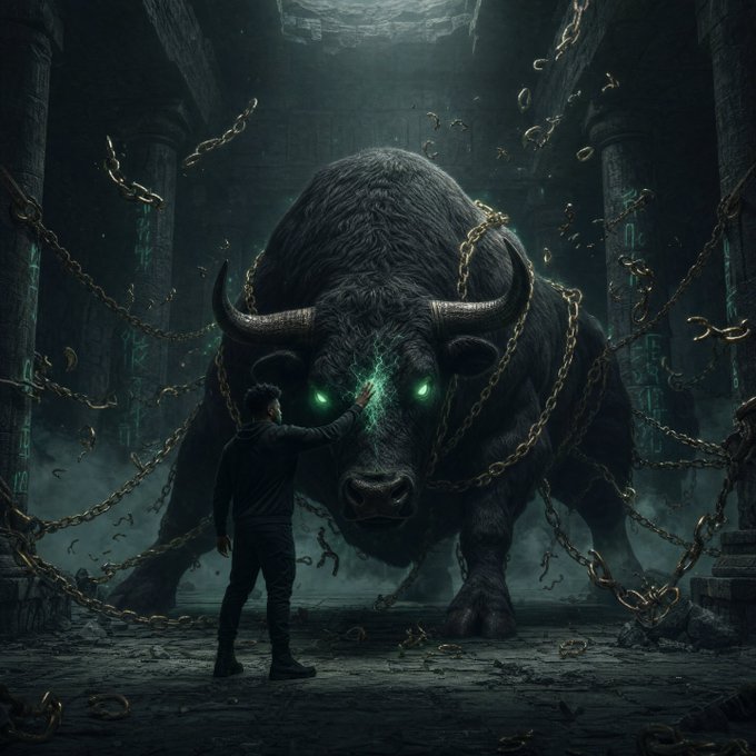 A massive chained black bull with glowing green eyes towers over a lone figure touching its forehead in a dark, ancient temple—an evocative visual metaphor for "unleashing the bull," symbolizing a powerful bullish momentum or breakthrough tied to the $ANSEM ticker referenced in the post.