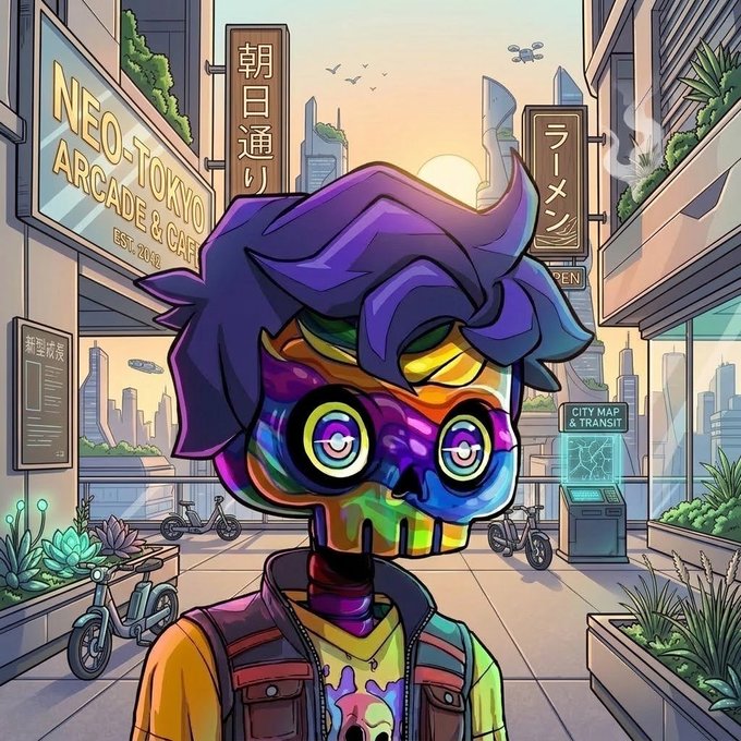 A colorful cartoon illustration of a character with purple hair, rainbow-colored skin, and glowing round eyes, wearing a jacket with a small skull design, set in "NEO-TOKYO ARCADE & CAFE".