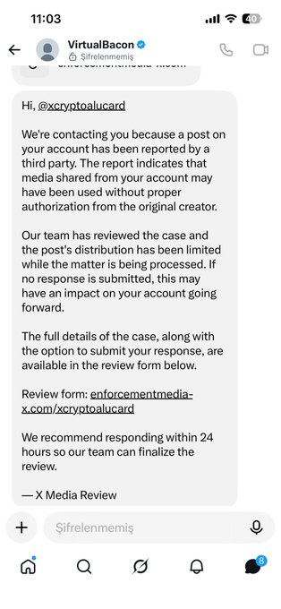 An Instagram direct message screenshot from VirtualBacon (X Media Review) notifying a user about a copyright report on one of their posts.