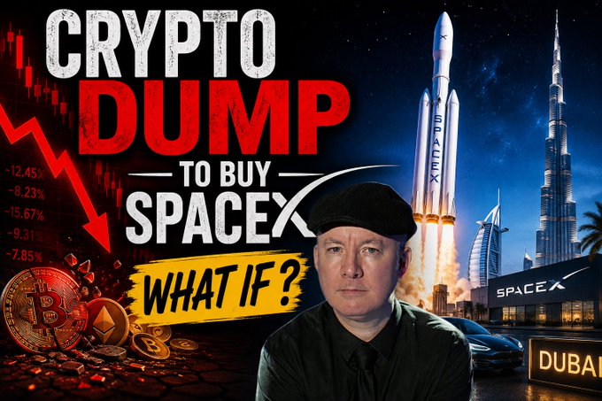 YouTube-style thumbnail titled 'CRYPTO DUMP TO BUY SPACEX — WHAT IF?' featuring a man in a black cap, a SpaceX rocket, the Burj Khalifa in Dubai, declining cryptocurrency percentage numbers (-12.45%, -8.23%, etc.), and Bitcoin/Ethereum coins.