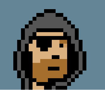 A pixel art portrait of a person with dark hair, a brown beard, and wearing a gray hood or hat against a blue-gray background.