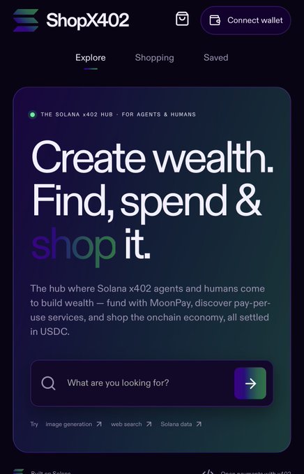 A dark ShopX402 interface shows tabs “Explore,” “Shopping,” and “Saved,” a “Connect wallet” button, and a promotional card reading “Create wealth. Find, spend & shop it.” with a search bar labeled “What are you looking for?”