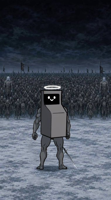 The image shows a lone, cartoonish figure with a halo standing before a massive army of armored soldiers on a dark battlefield, conveying a sense of one being outnumbered but destined to prevail. This visual metaphor of a "lone champion facing overwhelming odds" ties into the post's theme of identifying undervalued crypto opportunities ($PRINTER and RH MACHINES) early—before they become widely recognized by the masses.