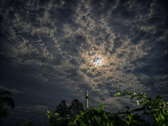 A dramatic night sky photo shows the moon shining through dense, textured altocumulus clouds over silhouetted trees and power lines.