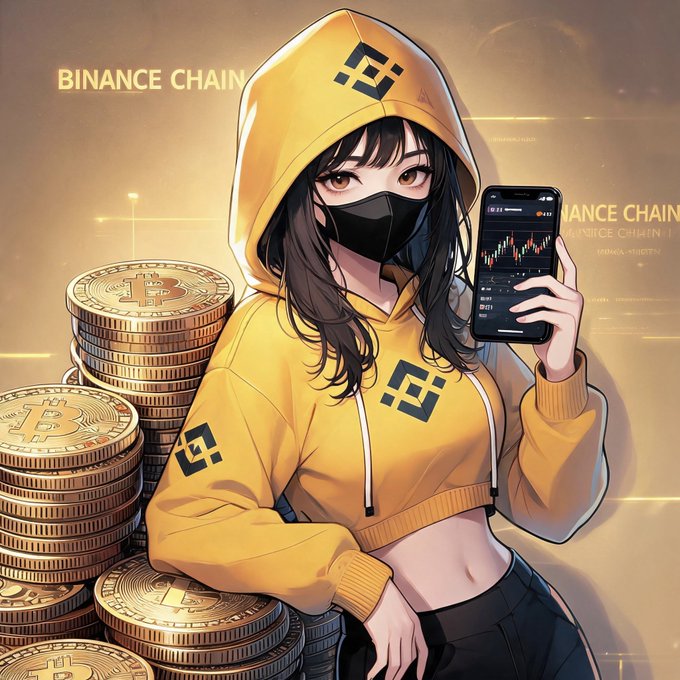 An anime-style girl in a yellow Binance Chain hoodie and black mask holds up a smartphone displaying a crypto trading chart, leaning against large stacks of Bitcoin coins with "BINANCE CHAIN" text visible in the background. The image visually reinforces the post's commentary on Binance Chain's 70% coin-holding model, symbolizing retail traders leveraging the platform to combat manipulation by insider "rat warehouse" players despite the high risk of liquidation.