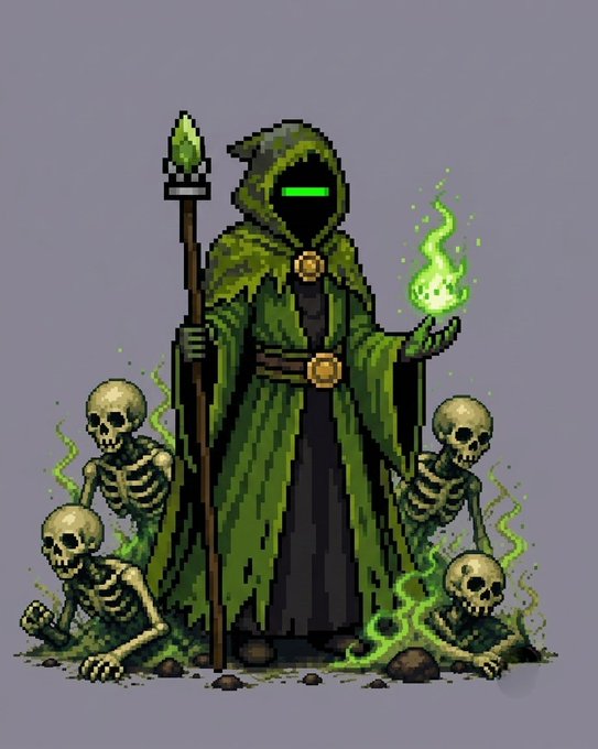 Pixel art of a hooded figure in a green robe with a glowing green eye, holding a staff and a green flame, surrounded by skeletons emerging from green mist.