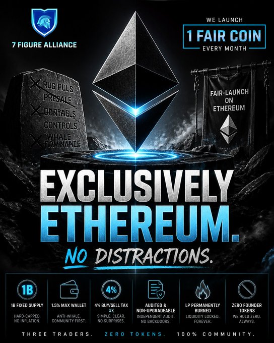 A promotional poster for "7 Figure Alliance" cryptocurrency on Ethereum, emphasizing "EXCLUSIVELY ETHEREUM. NO DISTRACTIONS." with features like 1B fixed supply, 1.5% max wallet, 4% buy/sell tax, and launched 1 fair coin every month.