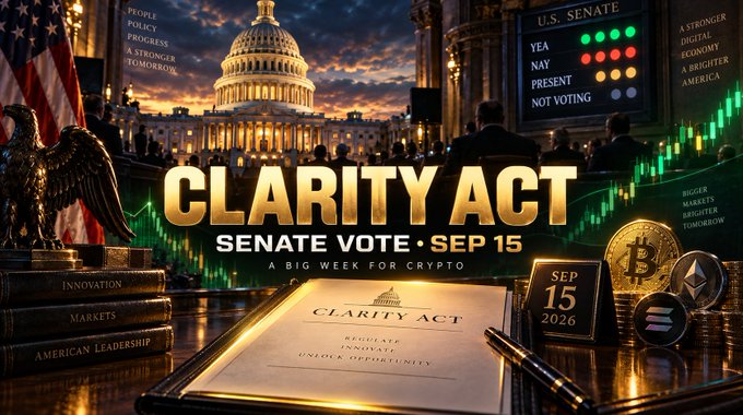 A promotional graphic reading 'CLARITY ACT - SENATE VOTE • SEP 15 - A BIG WEEK FOR CRYPTO' with imagery of the U.S. Capitol, voting tally board, crypto coins including Bitcoin and Ethereum, and stacks of books labeled 'INNOVATION' and 'MARKETS'.
