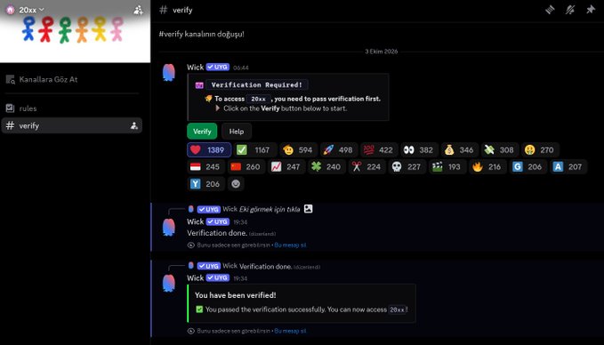 A screenshot of the Discord verification process for the 20xx waitlist, showing the bot "Wick" (server ID 2,038) confirming "You have been verified!" after passing the 28xx verification step, with users having sent 1,389 heart emojis and 594 rocket emojis. This illustrates the successful completion of the Discord verification step mentioned in the post about joining the 20xx waitlist.