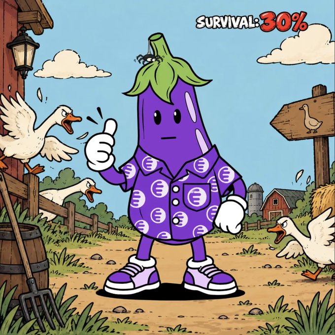 A cartoon illustration of an anthropomorphic purple eggplant wearing a jacket covered in euro (€) symbols, giving a thumbs-up in a farm setting with angry geese, labeled 'SURVIVAL: 30%'.