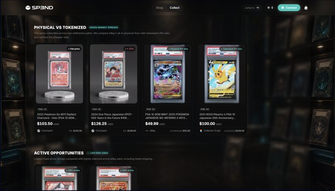 A screenshot of the SP3ND website showing a 'PHYSICAL VS TOKENIZED' marketplace for Pokémon cards, with listings including items priced at $103.50, $128.25, $49.99, and $100.00 USDC.