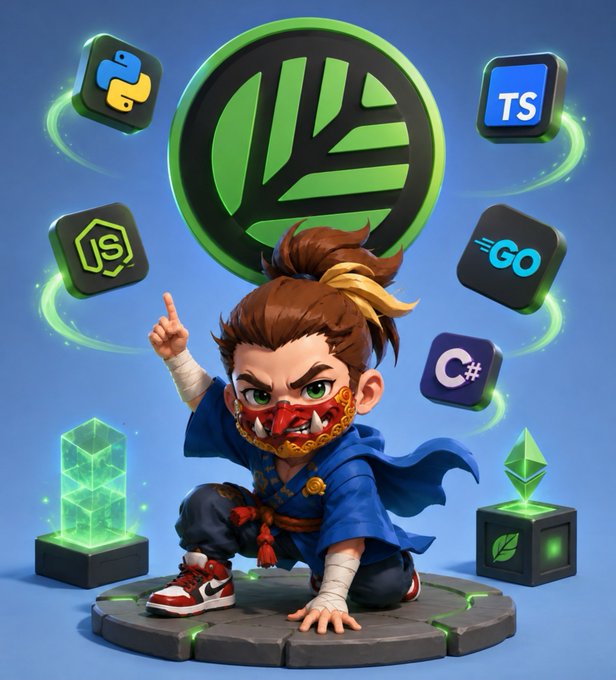 A 3D cartoon-style illustration of a masked ninja-like character with a topknot, surrounded by floating tech icons including Python, TypeScript (TS), JavaScript (JS), Go, and C#, with a large green leaf logo above.