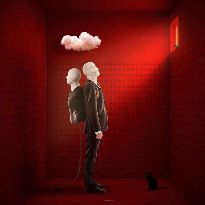 A surreal illustration of two headless businessmen in suits standing back-to-back in a red room, with a chain connecting them, a cloud above, a small barred window, and a black cat nearby.