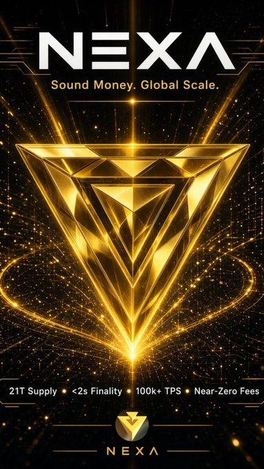 A promotional poster for NEXA cryptocurrency with the tagline 'Sound Money. Global Scale.' and stats '21T Supply, <2s Finality, 100k+ TPS, Near-Zero Fees' displayed around a glowing gold triangular emblem.