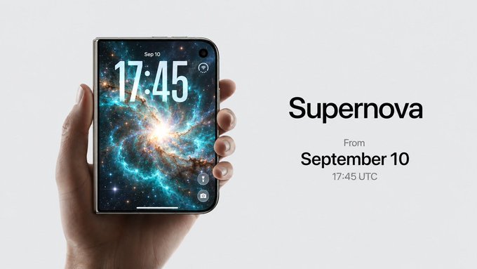 A hand holds a smartphone displaying a galaxy-themed lock screen showing "Sep 10" and "17:45," alongside text reading "Supernova - From September 10 - 17:45 UTC," teasing the upcoming launch of the new Supernova model.