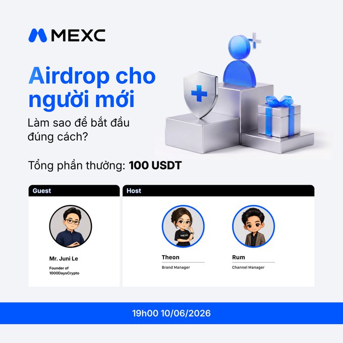 The image features an advertisement for a cryptocurrency called Airdrop. The poster includes a blue background with white text, which reads "Airdrop Chloéng Hoi n° 100U guest: Mr. Juni Le - Founder of 1000 Days Crypto". The poster also displays three cartoon characters representing different people who have won the Airdrop prize pool. The post is scheduled for Saturday, October 19th at 10:00 am and will be held online from 18:00 to 20:00.