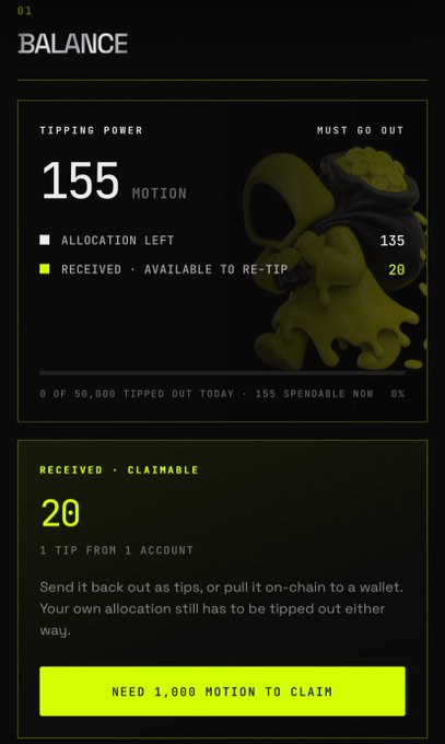 The image displays a balance dashboard showing a "Tipping Power" of 155 MOTION tokens, with 20 MOTION received as a tip from 1 account that requires 1,000 MOTION to claim. This relates to the post about the first $MOTION tokens arriving and encourages users to engage by sharing their own $MOTION in the comments.