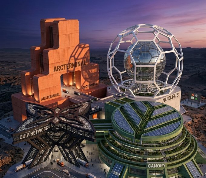 A futuristic architectural rendering of a sci-fi complex featuring labeled structures including 'ARCTERMINAL' in red concrete, a spherical 'NUCLEUS' glass building, a 'QUIP NETWORK' pavilion, and a circular 'CANOPY' structure.