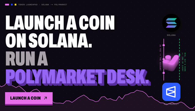 The image is a promotional banner for a new "Predict and Pump" platform that combines token launches on Solana with Polymarket-style prediction markets. The bold text reads "LAUNCH A COIN ON SOLANA. RUN A POLYMARKET DESK," accompanied by Solana and Polymarket logos, a "LAUNCH A COIN" button, and a graphic of a pink armchair on a chart, visually tying together the dual concepts of token launches and prediction markets.