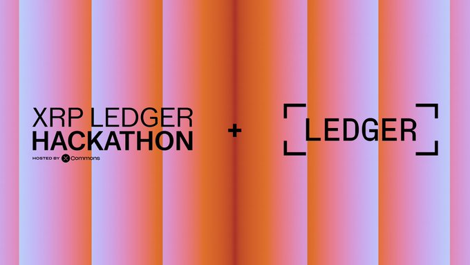 A promotional graphic featuring vertical gradient stripes in blue, orange, and purple displays the "XRP LEDGER HACKATHON" logo (hosted by Commonware) alongside a plus sign and the "LEDGER" logo, visually announcing the partnership between Ledger and the XRP Ledger Hackathon taking place in New York on October 24-25.