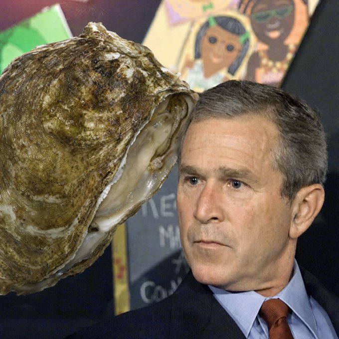 An edited photo shows George W. Bush next to a giant oyster, with colorful artwork visible behind them.