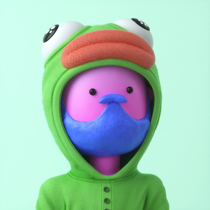 A 3D-rendered character with a blue face and pink body wears a green frog hoodie against a light green background.