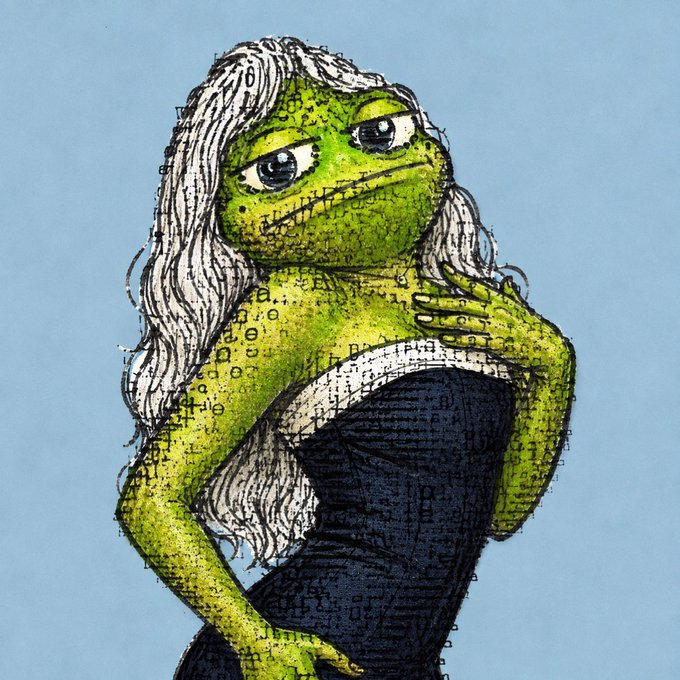 An illustration of a green-skinned, frog-like female character with long white hair wearing a dark blue dress, rendered with a crossword puzzle texture overlay.
