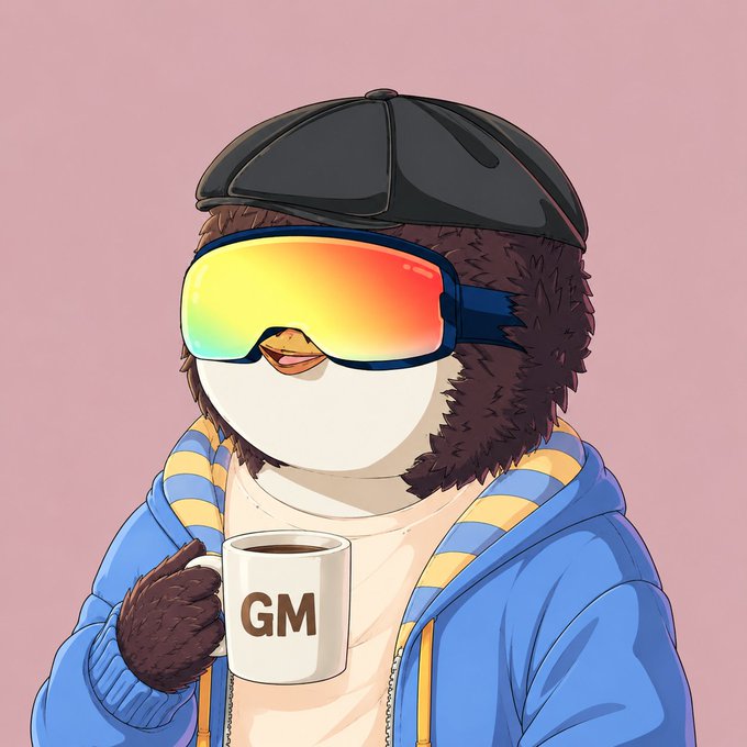 An illustration of a penguin character wearing ski goggles and a blue jacket, holding a coffee mug labeled 'GM' (Good Morning) against a pink background.