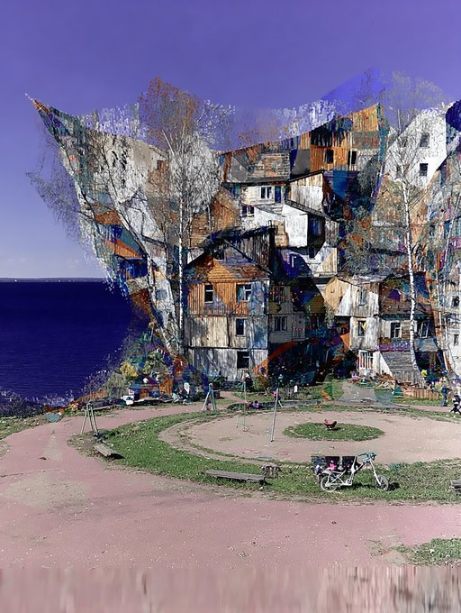 A surreal digital collage shows a precarious cluster of weathered wooden houses stacked impossibly on a cliffside, set against a deep purple sky and overlooking a calm sea, with a bicycle resting on a circular dirt path below. The dreamlike, gravity-defying architecture evokes the nostalgic, time-bending sentiment of the post—where childhood memories of scraped knees and Grandma's distant calls feel as fantastical and otherworldly as the floating village itself.
