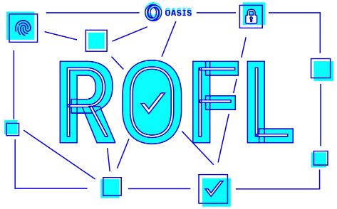 A blue and cyan graphic displaying "ROFL" with the word "check" inside the 'O', surrounded by crypto-themed icons labeled "OASIS".