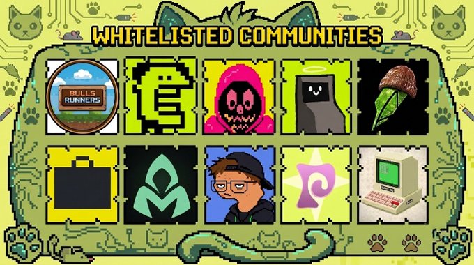 A pixel-art graphic titled "WHITELISTED COMMUNITIES" displays ten icons representing the NFT communities granted FCFS minting access for the gCattos collection, including Bulls on the Runners, OnChain Hoodies, Script Kiddies, Rektguy (Rekt Tradoors), and BULL Machine (Stonk Brokers), corresponding to the whitelist of projects mentioned in the post.