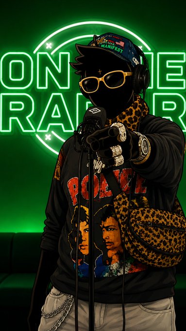A stylized character wearing a 'Manifest' cap, sunglasses, a black face mask, and a hoodie with 'BRAVE' text, posing in front of a green neon 'ON AIR' sign.