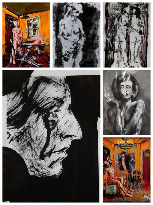 A collage of five expressionist artworks featuring figurative sketches and paintings of nude figures rendered in black, white, and orange tones.